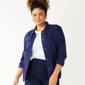 Draper James RSVP Linen‎ Blend Utility Jacket Womens M Navy Blue Button Front